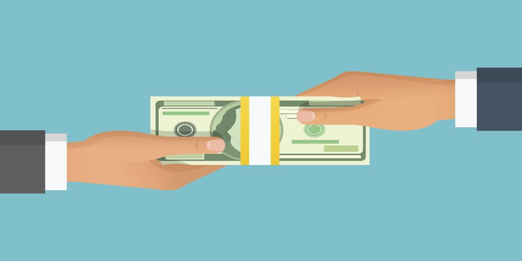 Human hand giving money to other hand. Holding banknotes. Isolated on blue background. Vector illustration